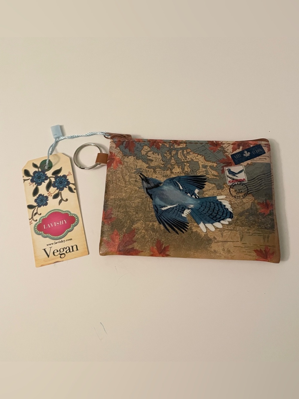 LAVISHY Blue Jay Map Vegan Leather ID Coin Pouch Keychain